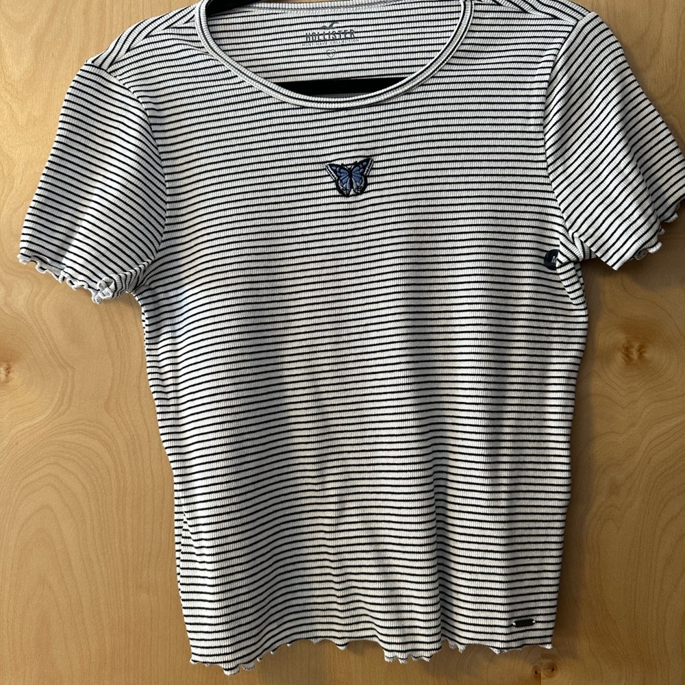 Hollister Navy and White Striped Tee with Butterfly Patch